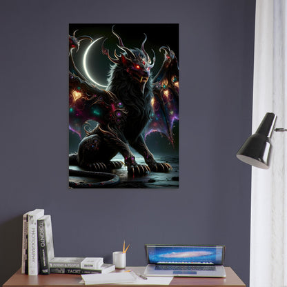 Metal poster of a lion-bodied Manticore with wings and scorpion tail glowing in green, purple, and red under a dark eclipse sky.