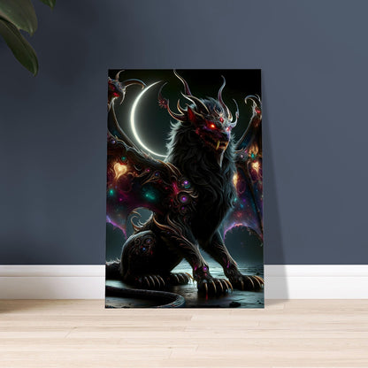Artwork of a lion-bodied creature with bat wings, scorpion tail, and glowing red eyes in a moonlit landscape with cosmic color accents.