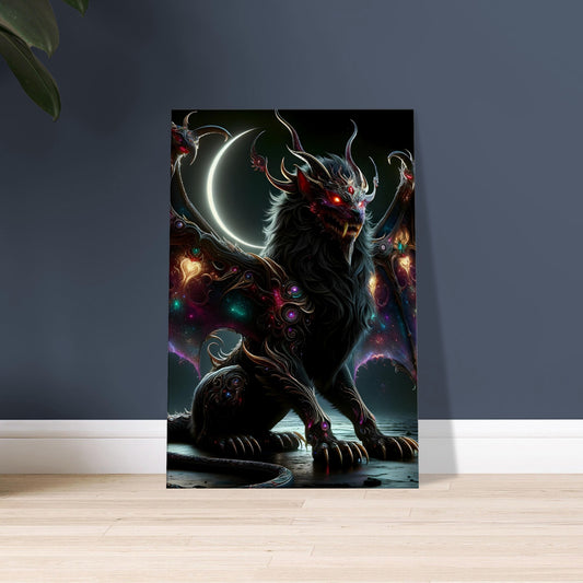 Artwork of a lion-bodied creature with bat wings, scorpion tail, and glowing red eyes in a moonlit landscape with cosmic color accents.