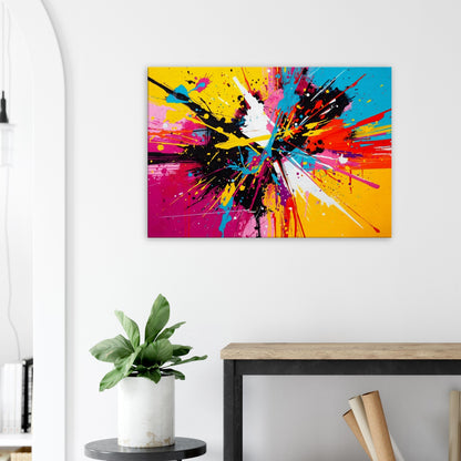 Landscape canvas with crimson, neon orange, pink and fuchsia vertical abstract strokes forming a dynamic composition.