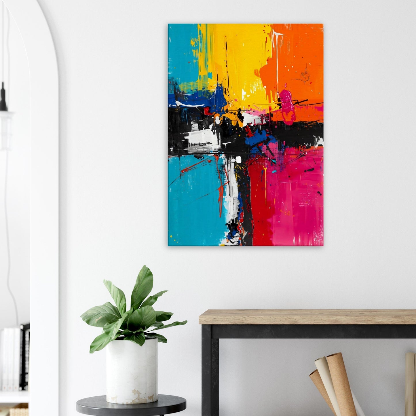 Portrait canvas with neon yellow, hot pink, and turquoise horizontal abstract layers forming a dynamic composition.