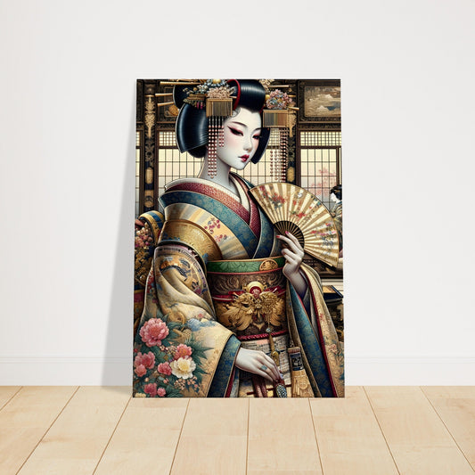 Geisha in an ornate kimono standing in a traditional Japanese tea house with cherry blossoms and elegant furnishings.