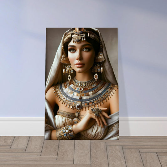 Portrait of an Egyptian noblewoman in intricate beaded attire with gold jewelry, symbolizing wealth and refinement in Nile court life.
