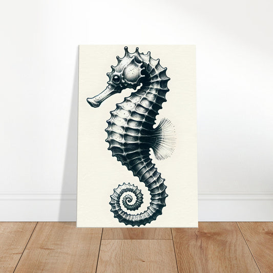 Sketch of an elegant seahorse with curled tail and gentle expression amidst underwater flora.
