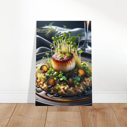 Canvas art depicting seared scallops with truffle on risotto, garnished with microgreens and sauce drizzle.