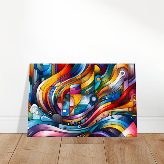 Abstract canvas featuring swirling lines, geometric shapes, and a vibrant mix of warm and cool colours with fine detailing.