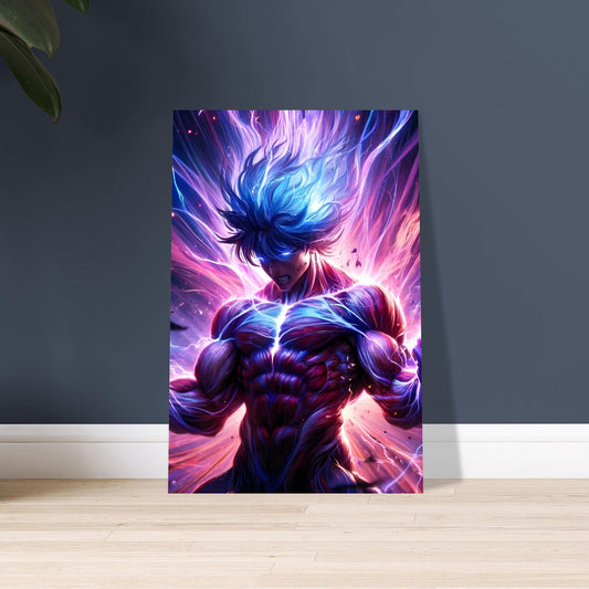 Metal poster of anime warrior glowing with elemental energy in green, orange, and blue amid a storm of fire, lightning, and wind.