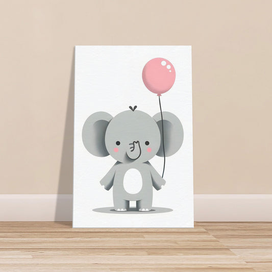 Canvas print of a cartoon elephant holding a soft pink balloon in gentle pastel colors.