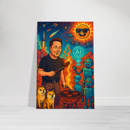 Cartoon of Elon Musk barbecuing on Mars with a flamethrower, surrounded by Dogecoin dogs, AI robots, and a surreal red Martian landscape.