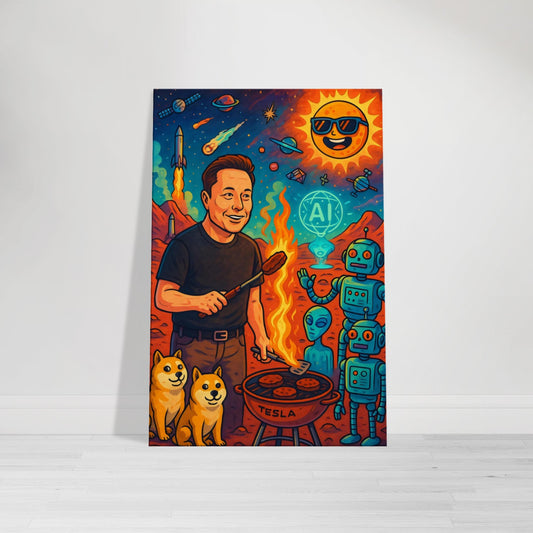 Cartoon of Elon Musk barbecuing on Mars with a flamethrower, surrounded by Dogecoin dogs, AI robots, and a surreal red Martian landscape.