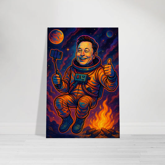 Cartoon of Elon Musk floating in space wearing a futuristic suit, taking a selfie and giving a thumbs-up, with planets and nebulae behind him.