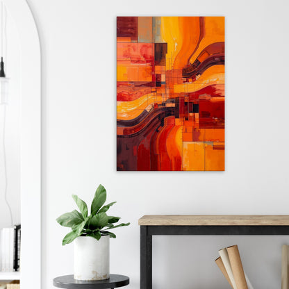 Warm abstract canvas featuring flowing ember-toned bands over a structured geometric grid.
