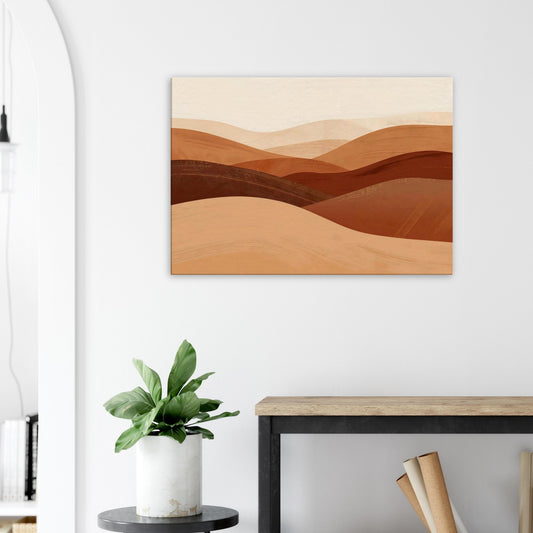 Landscape abstract canvas featuring warm clay, caramel, and sand-toned horizontal layers.