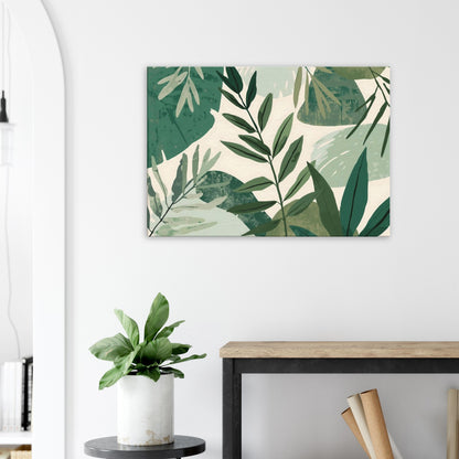 Landscape canvas art displaying emerald and sage botanical leaf silhouettes layered in a soft, misted abstract composition.