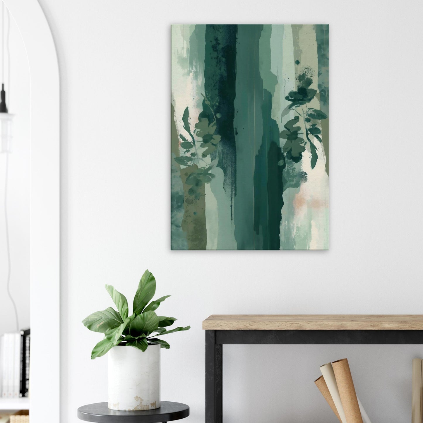 Abstract green canvas artwork resembling misted forest washes in emerald, jade, and eucalyptus tones.