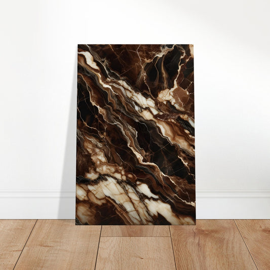 Dark brown Emperador marble wall art with cream and coffee-colored veining and a polished finish for a warm, luxurious look.