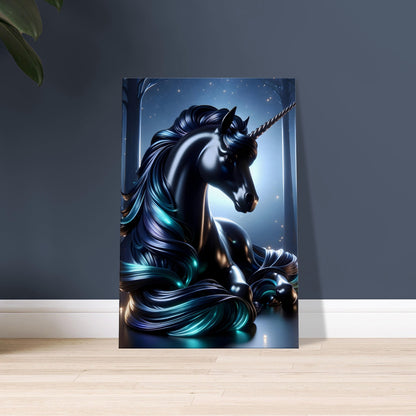 Artwork of a black unicorn with a glowing red horn and blue-green mane in a moonlit enchanted forest.