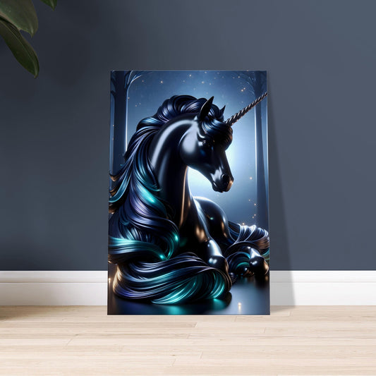 Artwork of a black unicorn with a glowing red horn and blue-green mane in a moonlit enchanted forest.