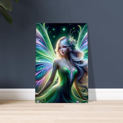 Artwork of a fairy with glowing green, purple, and blue wings and hair, surrounded by glowing flowers in a nighttime enchanted garden.
