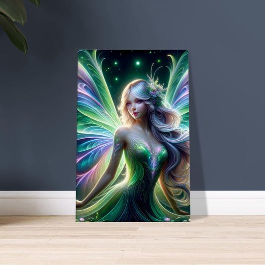 Artwork of a fairy with glowing green, purple, and blue wings and hair, surrounded by glowing flowers in a nighttime enchanted garden.