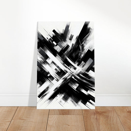 Dynamic abstract black and white painting featuring bold brushstrokes colliding and intertwining to create an energetic, high-contrast composition.