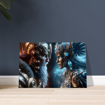 A bronze-armored Sumerian warrior and an icy blue-silver Valkyrie confront each other on a dark, stormy battlefield.