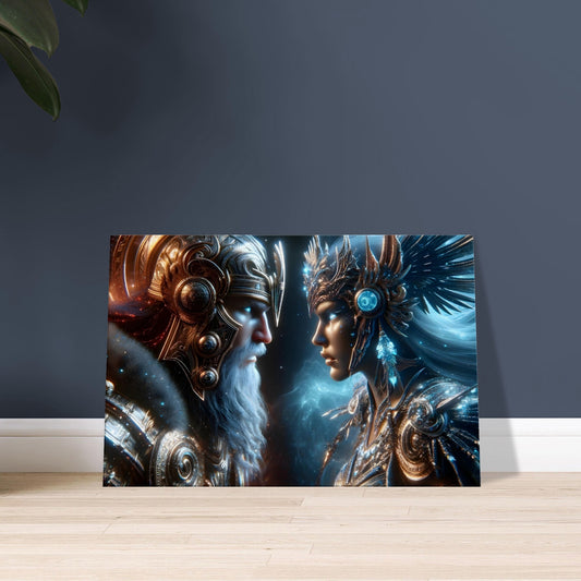 A bronze-armored Sumerian warrior and an icy blue-silver Valkyrie confront each other on a dark, stormy battlefield.