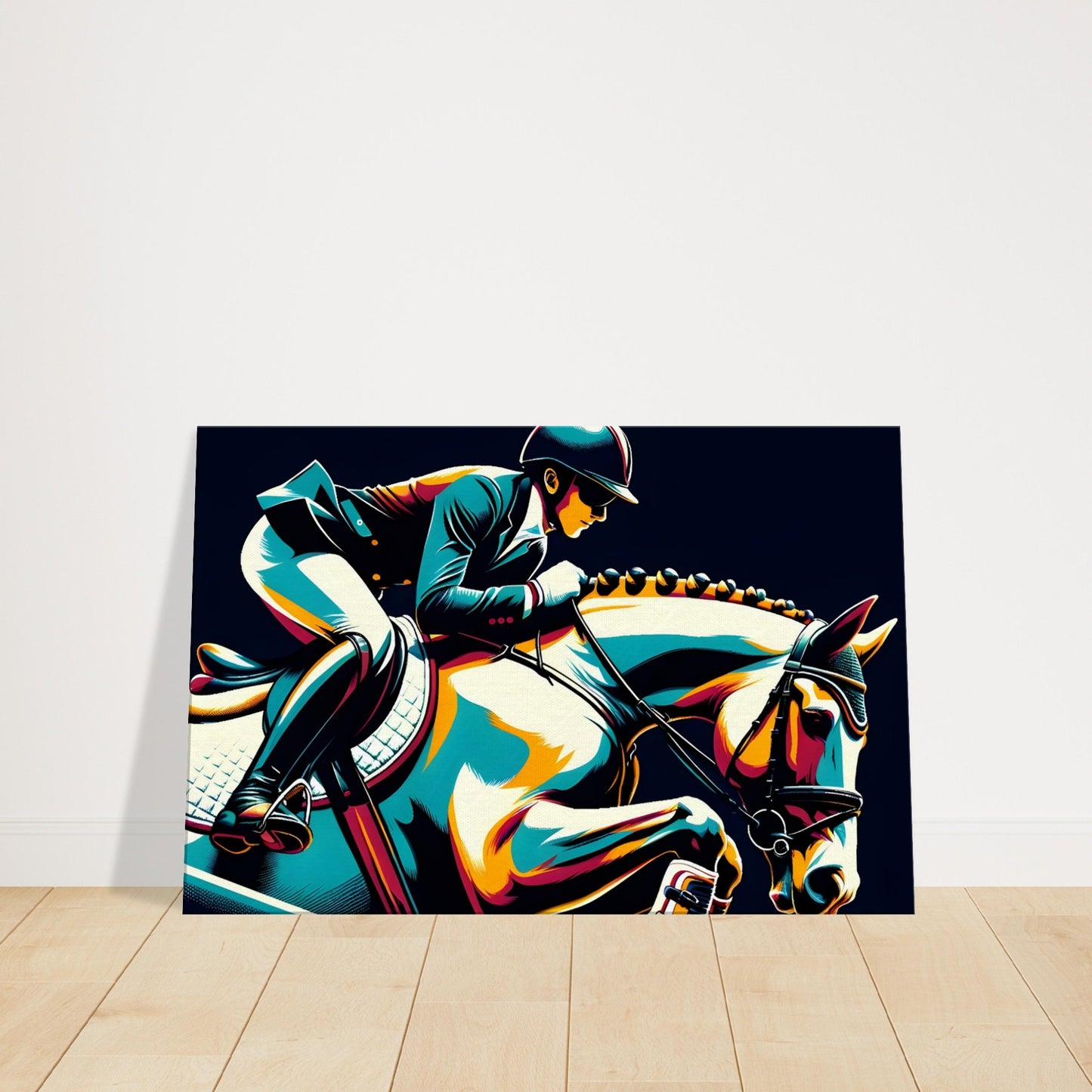 Canvas artwork of a horse and rider performing a mid-jump in show jumping, with bold colors highlighting motion and control.