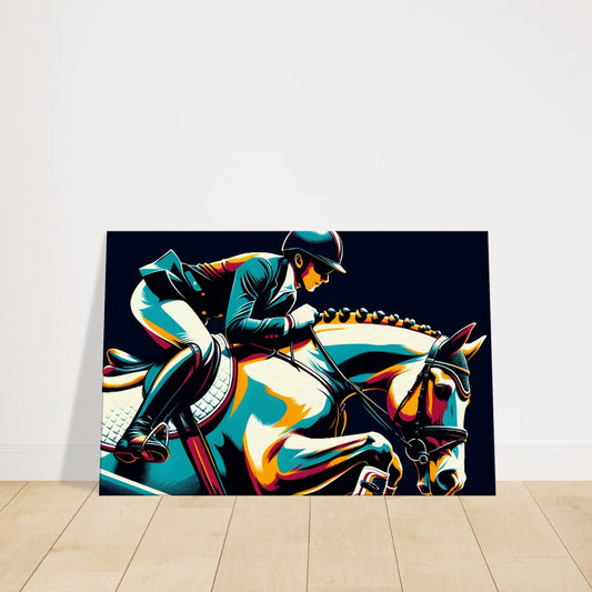 Canvas artwork of a horse and rider performing a mid-jump in show jumping, with bold colors highlighting motion and control.