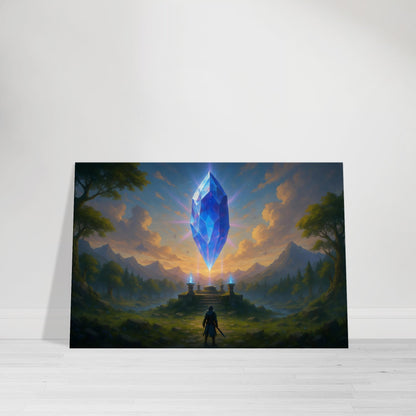 Glowing floating crystal above ancient shrine with beams of sapphire and violet light, fantasy landscape wall art.