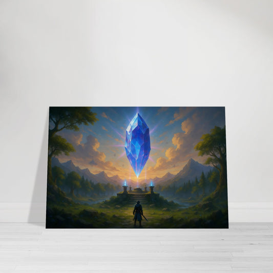 Glowing floating crystal above ancient shrine with beams of sapphire and violet light, fantasy landscape wall art.