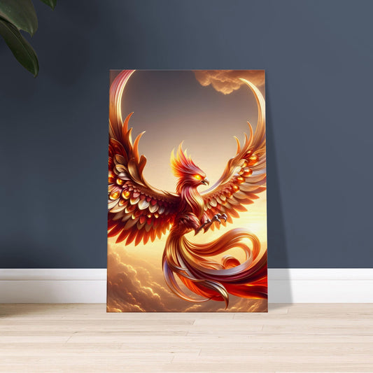 Artwork of a Phoenix with fiery red, orange, and gold feathers flying against a golden-pink sunset sky with glowing amber eyes