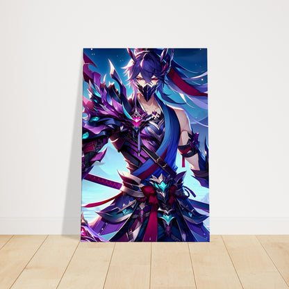 Anime-style bounty hunter in unique futuristic armor, standing confidently in a twilight fantasy landscape with purple and blue tones.