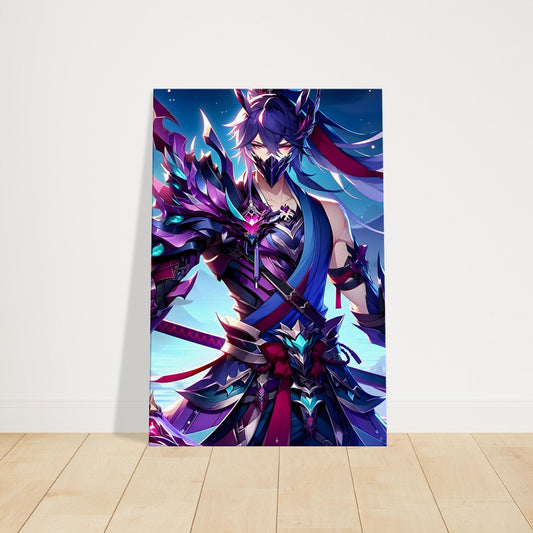 Anime-style bounty hunter in unique futuristic armor, standing confidently in a twilight fantasy landscape with purple and blue tones.