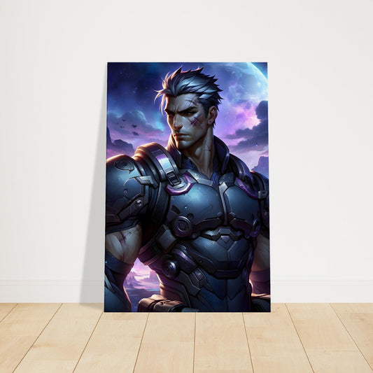 Anime canvas showing a battle-scarred male warrior standing against a dark, intricate night background with dramatic lighting and emotional depth.