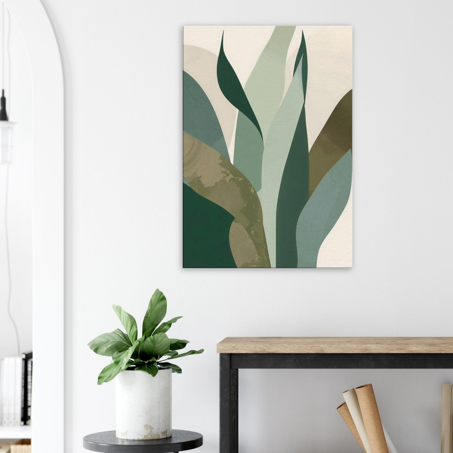 Canvas wall art showing light, drifting botanical leaf silhouettes layered in sage, eucalyptus, and soft beige tones.
