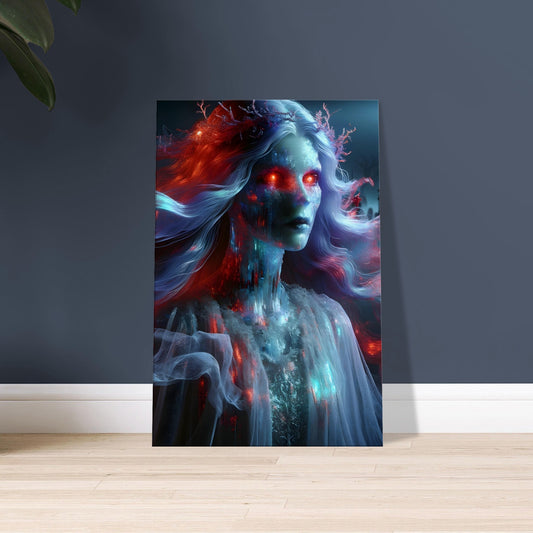 Artwork of a Banshee with flowing red and blue hair and gown, glowing red eyes, in a foggy, moonlit graveyard.