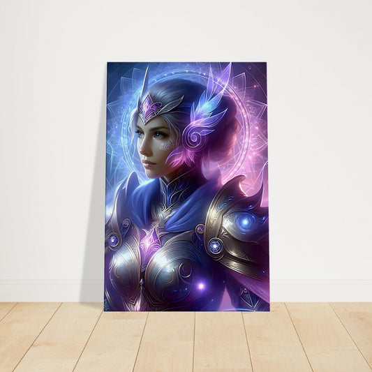 Anime-style female warrior queen in glowing armor with calm expression, set against a peaceful, mystical background.