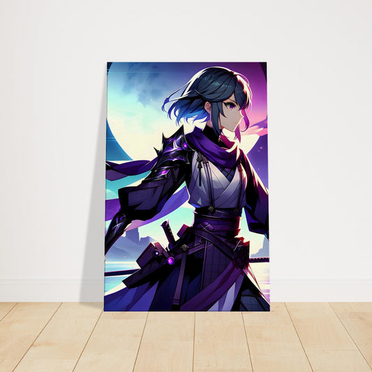Anime-style artwork of an elegant female character in a dark night setting with ambient purple and blue tones, surrounded by detailed mystical scenery.