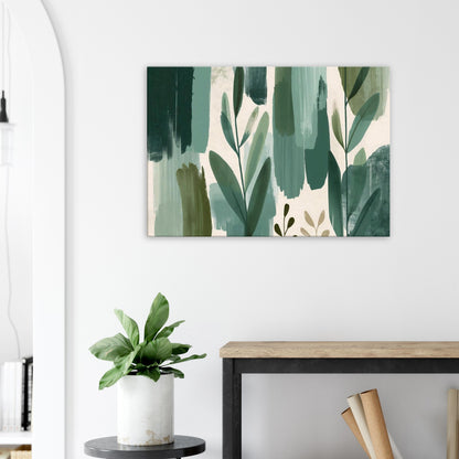 Botanical canvas showing eucalyptus leaf silhouettes against softly blended green and neutral gradients.