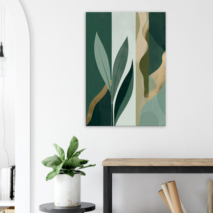 Modern botanical canvas featuring vertical eucalyptus shapes in sage, olive, and neutral tones.
