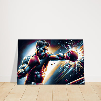 A boxer throws a punch with explosive force, highlighted by vivid lighting and a shattering background effect.