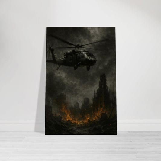 Gritty military wall art of a helicopter retreating from a devastated warzone. Stark, emotional, and cinematic — a haunting piece from the Warfare Division collection.