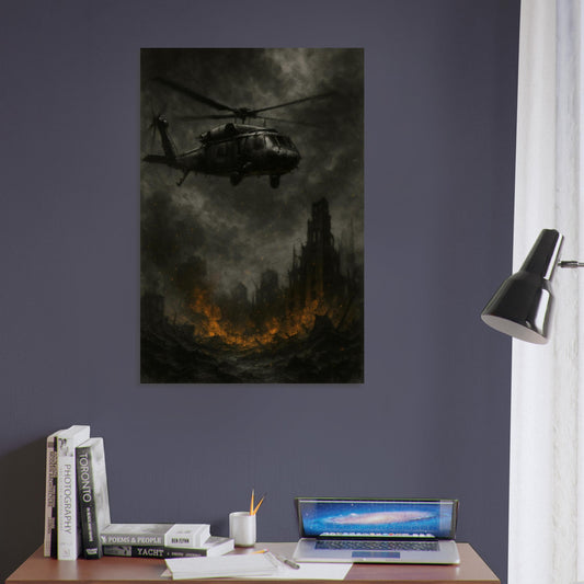 Gritty military wall art of a helicopter retreating from a devastated warzone. Stark, emotional, and cinematic — a haunting piece from the Warfare Division collection.