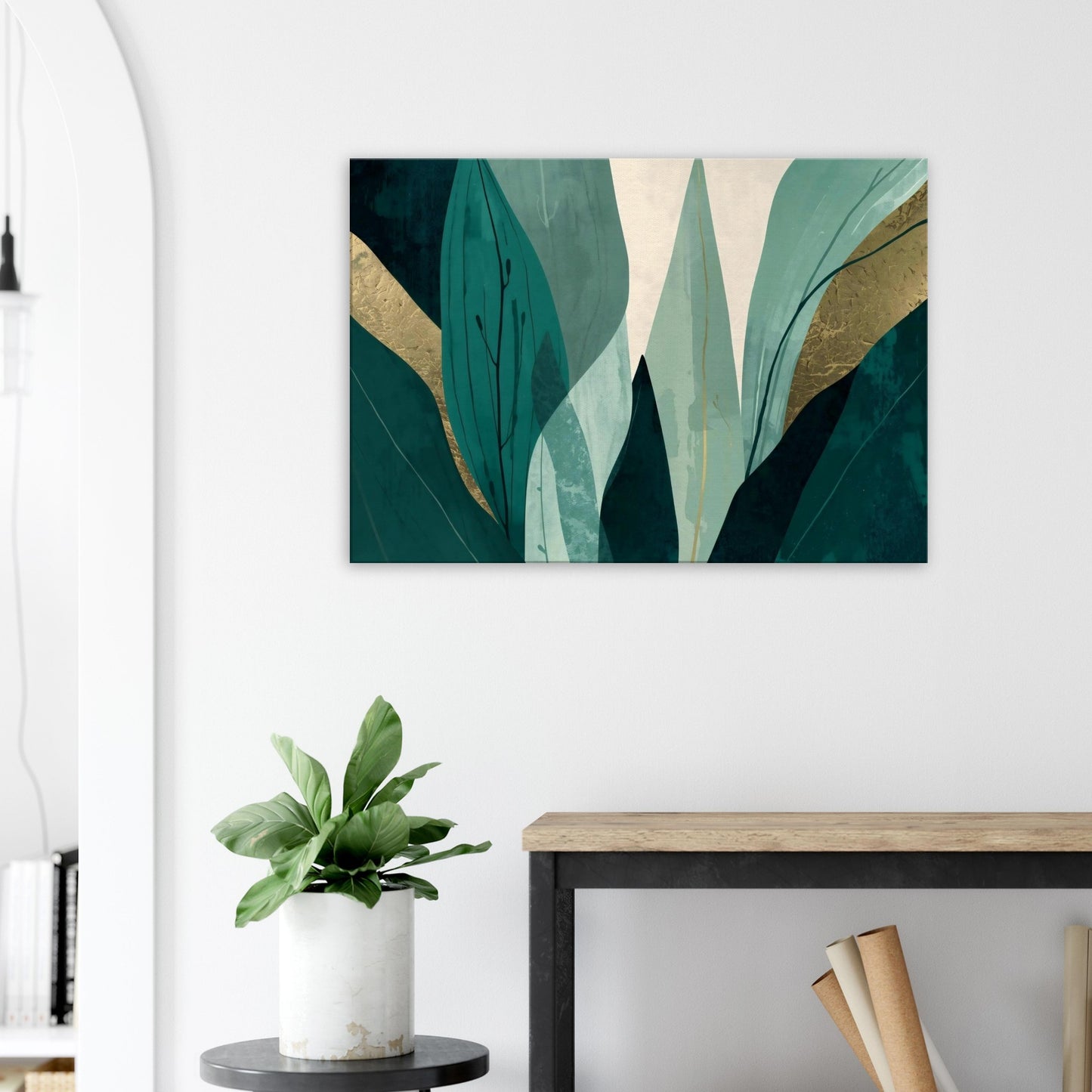 Landscape canvas wall art with Soft sage and cream botanical silhouettes fading upward in a minimal abstract composition.