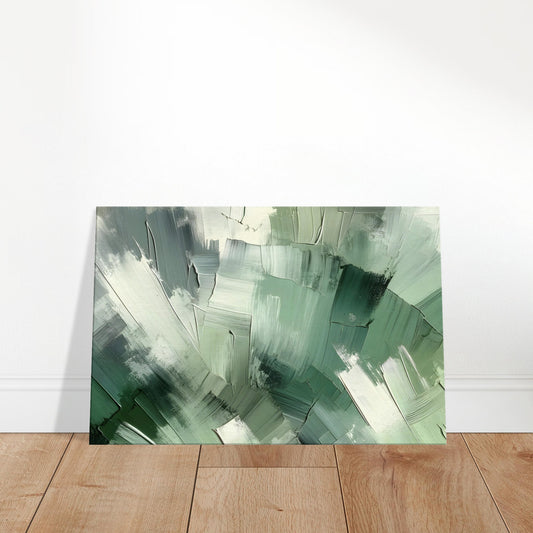 Abstract canvas featuring light green tones from pale mint to emerald, resembling flowing foliage and garden serenity.