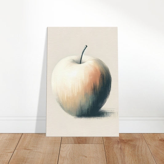 Canvas art depicting a minimalist, hand-painted white apple with soft graceful strokes.