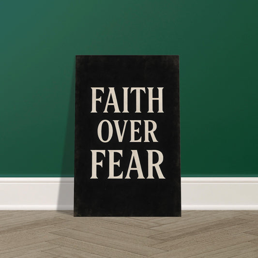 Golden “Faith Over Fear” script typography glowing against navy blue with radiant beams, 2:3 portrait, displayed on premium canvas wall art print.