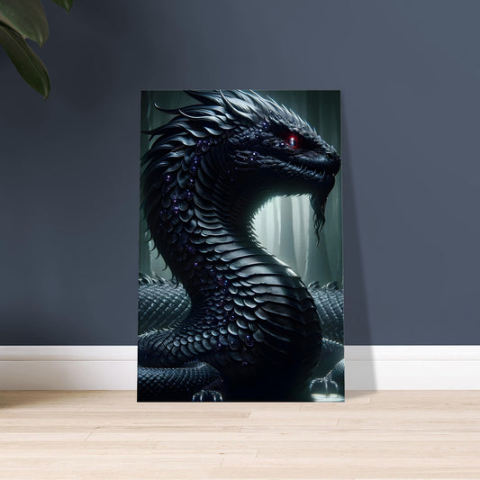 Mythical artwork of a dark Basilisk with glowing red eyes and black, purple, and silver scales in a shadowy, ancient forest setting.