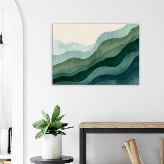 Landscape canvas artwork showcasing Layered fern silhouettes in soft sage and moss tones with a misted botanical gradient.